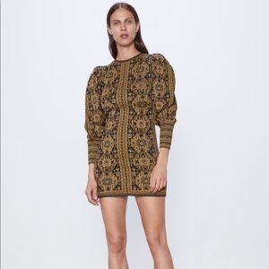 Zara Jacquard Knit Puff Sleeve Mini Dress